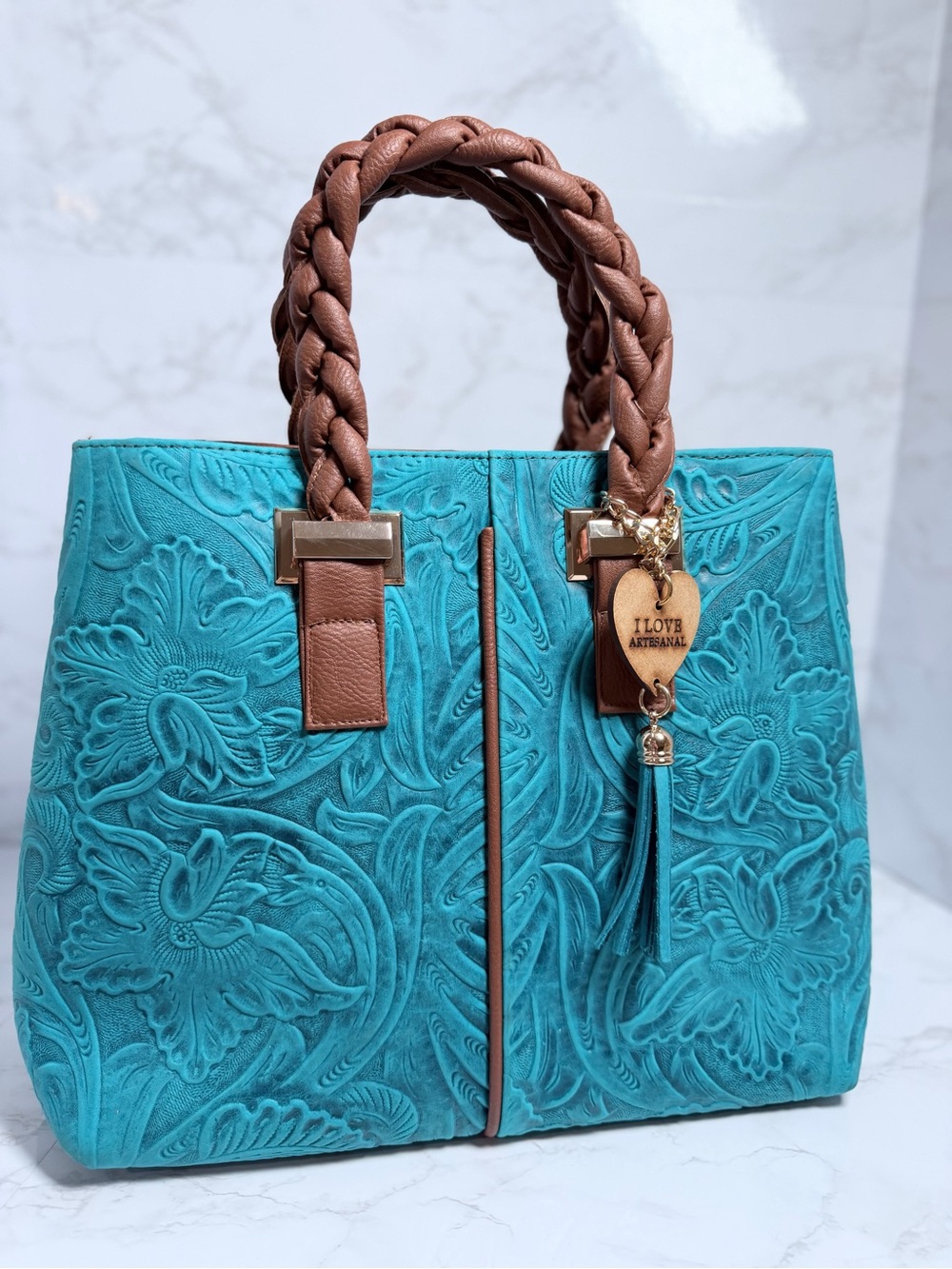 Turquoise Floral Embossed Leather Tote Handbag